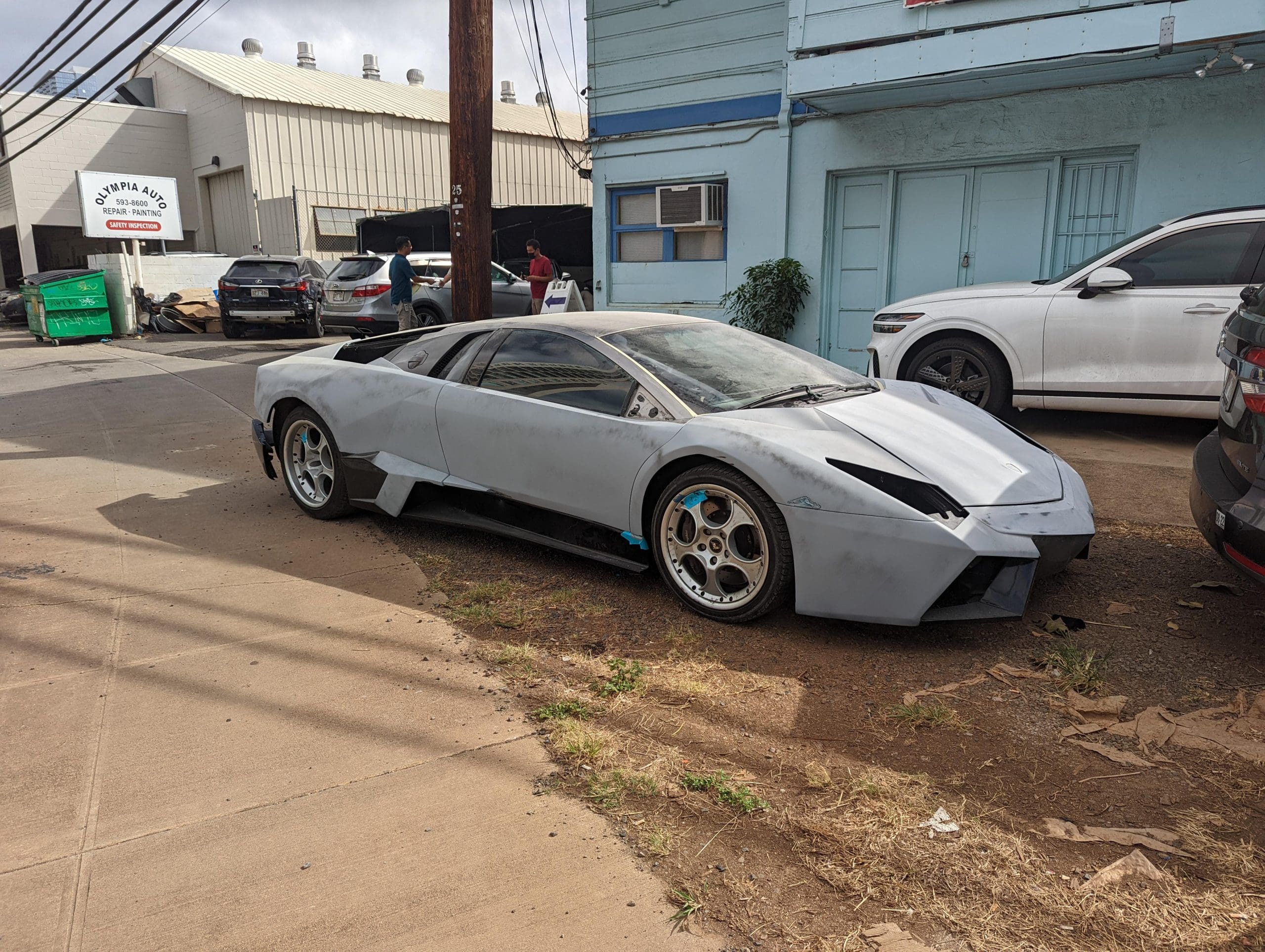 Three-quarter front view of a wrecked Lamborghini Reventon rebuild project