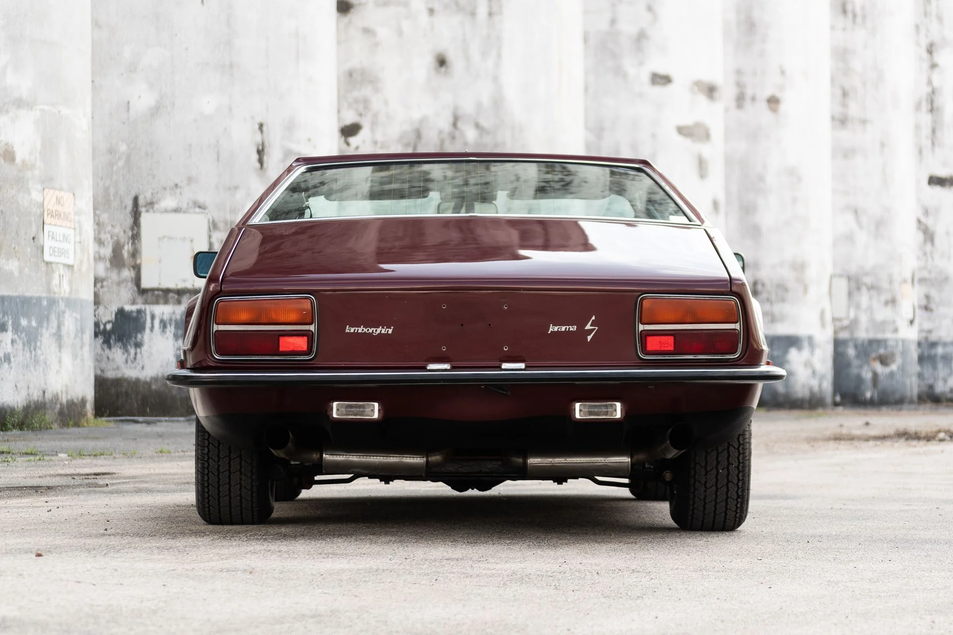 rear view of a 1974 burgundy Lamborghini Jarama S