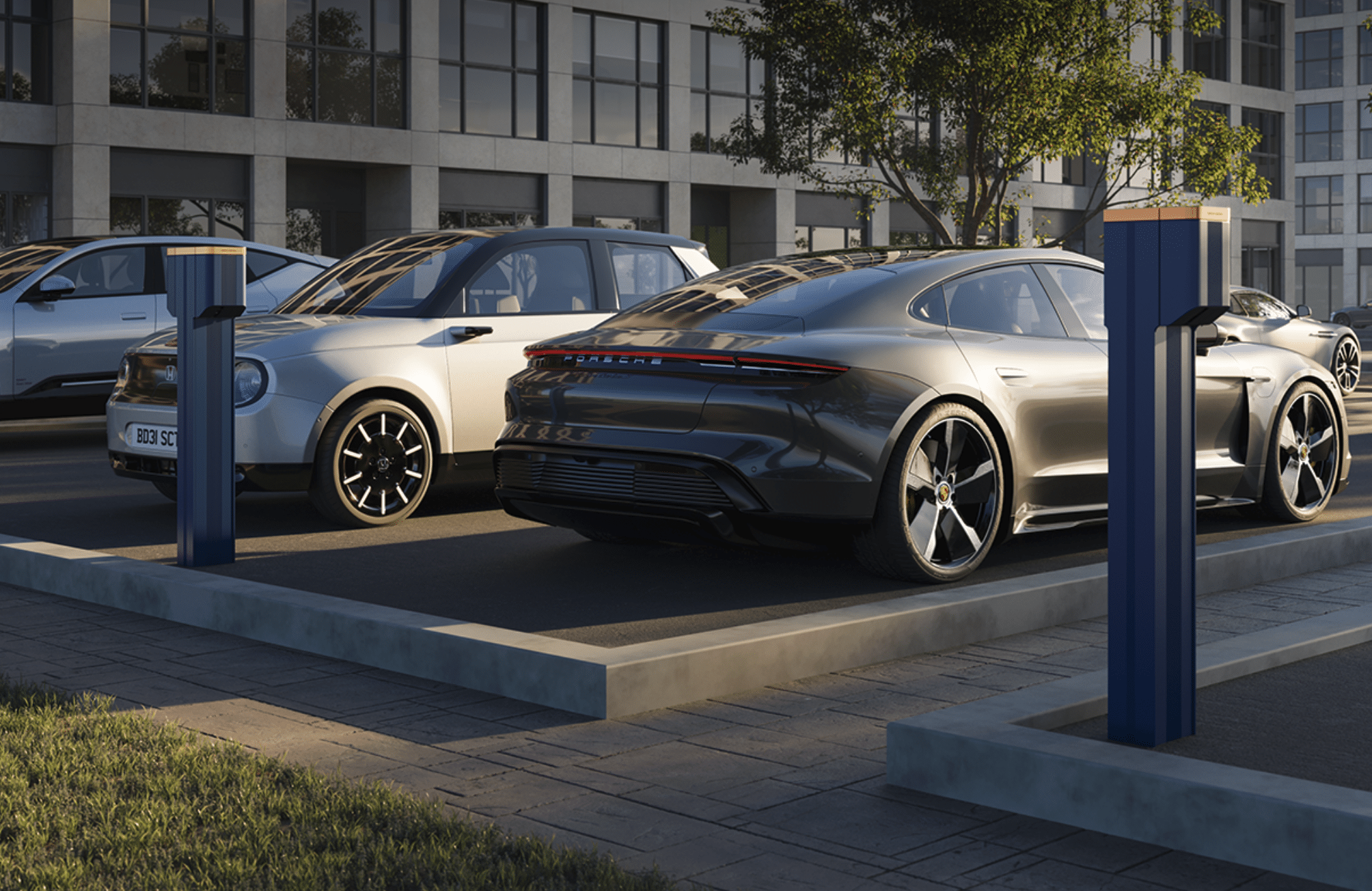 Three-quarter rear view of a Porsche Taycan at a parking lot