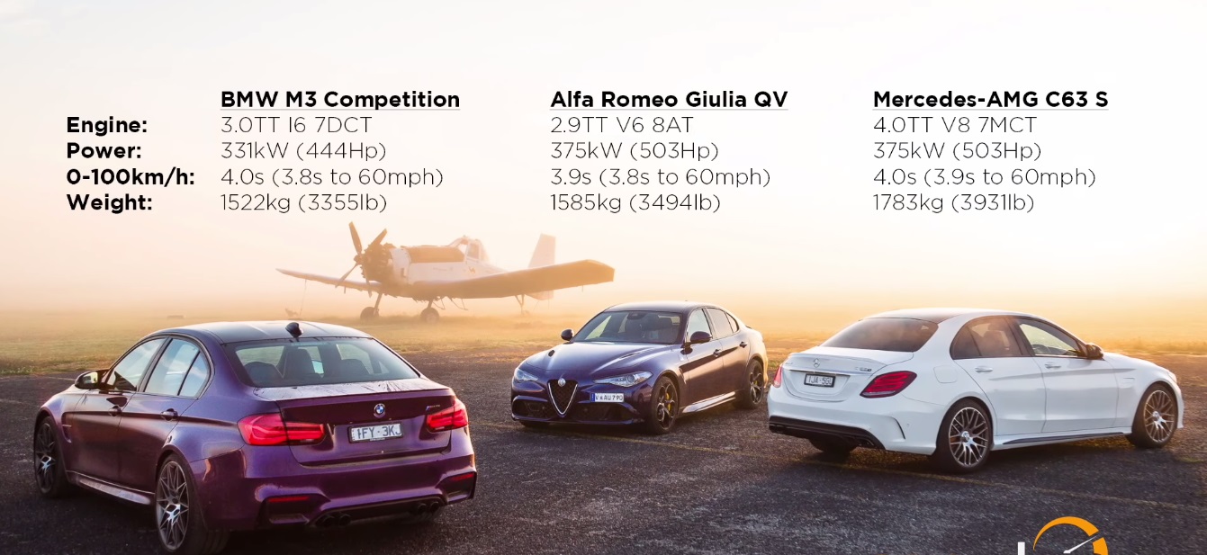 Drag Contest Between an Alfa Romeo Giulia QV v Mercedes-AMG C63 S v BMW M3 v HSV GTSR W1