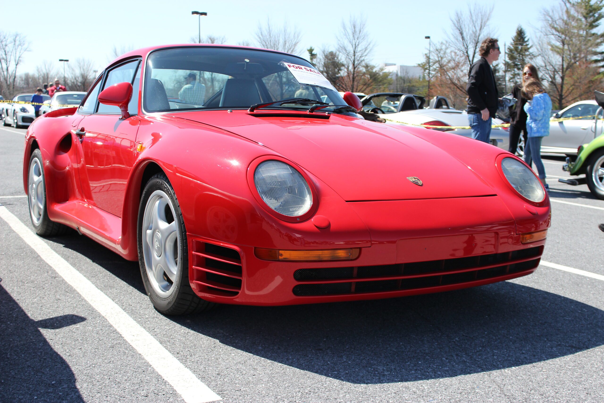 Porsche 959 on display in a lot with "For Sale" sticker in windscreen