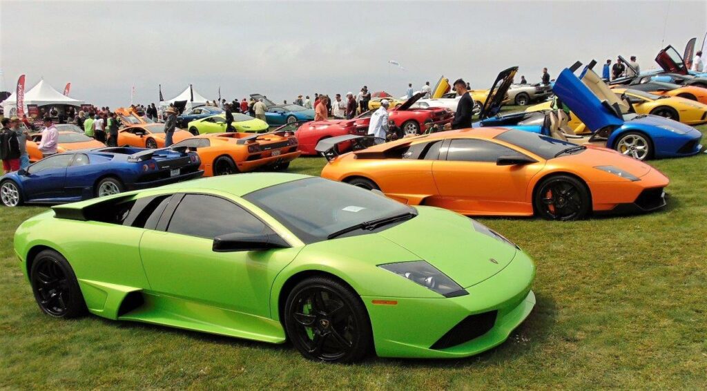 Multiple Lamborghinis in various models and colors