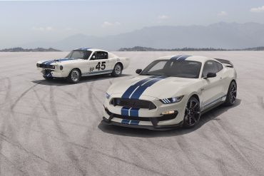 Heritage Edition Package available on 2020 Mustang Shelby GT350 and GT350R models features a unique throwback livery with Wimbledon White paint and Guardsman Blue side and over-the-top racing stripes