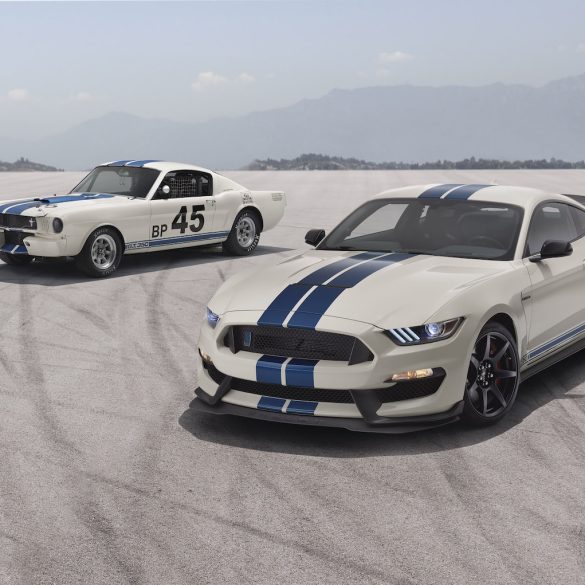 Heritage Edition Package available on 2020 Mustang Shelby GT350 and GT350R models features a unique throwback livery with Wimbledon White paint and Guardsman Blue side and over-the-top racing stripes