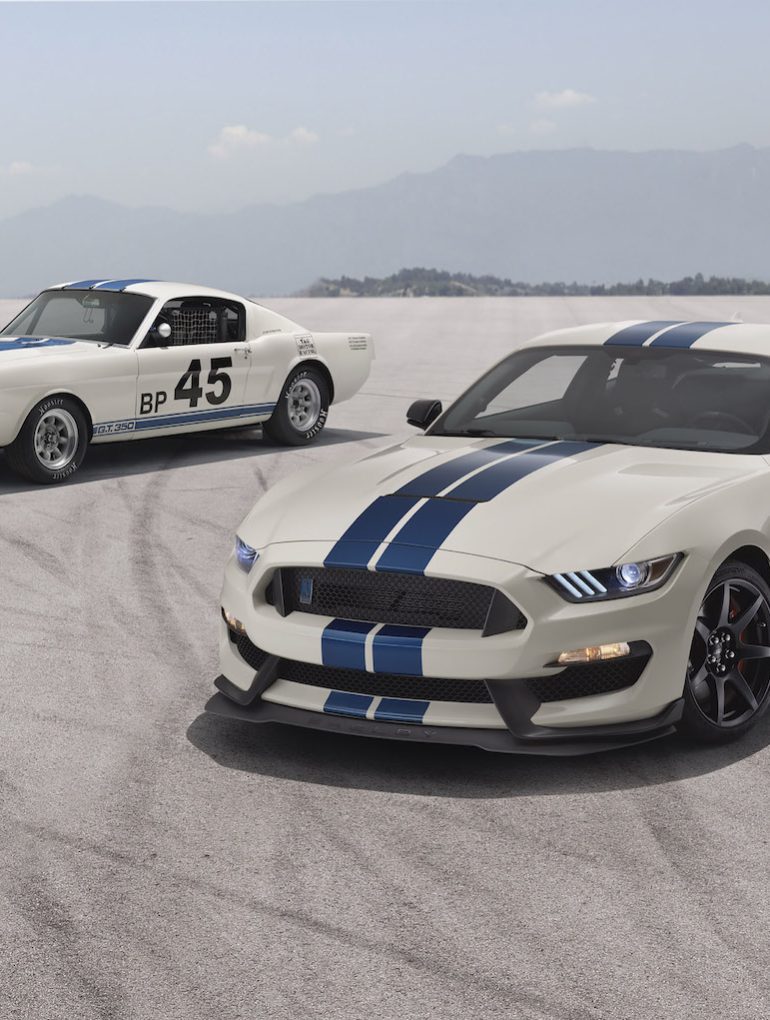 Heritage Edition Package available on 2020 Mustang Shelby GT350 and GT350R models features a unique throwback livery with Wimbledon White paint and Guardsman Blue side and over-the-top racing stripes