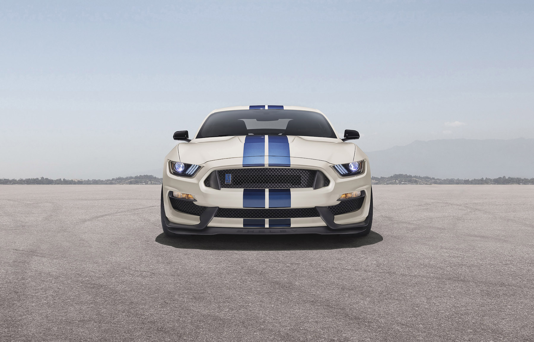 Heritage Edition Package available on 2020 Mustang Shelby GT350 and GT350R models features a unique throwback livery with Wimbledon White paint and Guardsman Blue side and over-the-top racing stripes