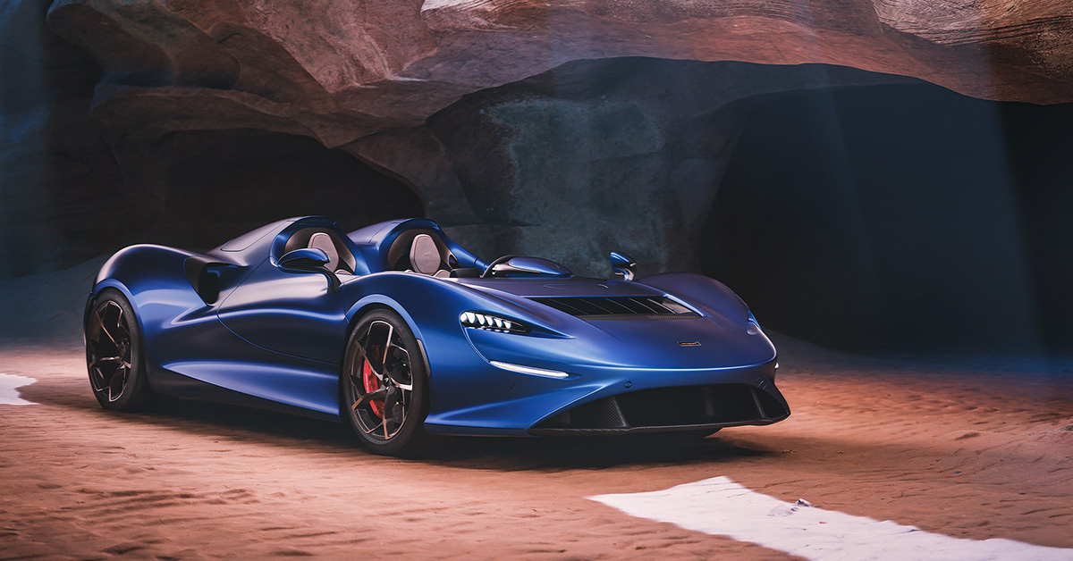 2022 blue McLaren Elva in a cave