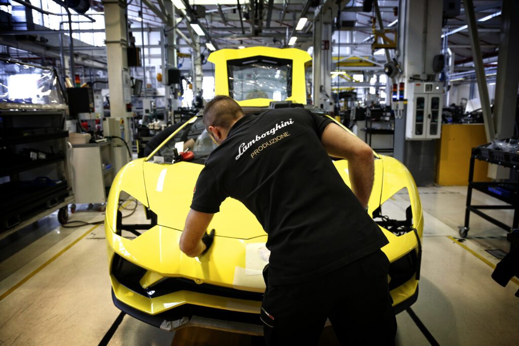 Lamborghini Aventador paint finishing area at the factory