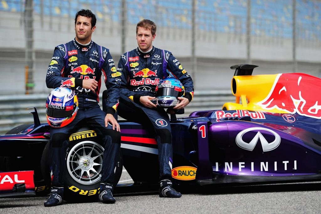 Vettel and Ricciardo with the RB10 Formula 1 car