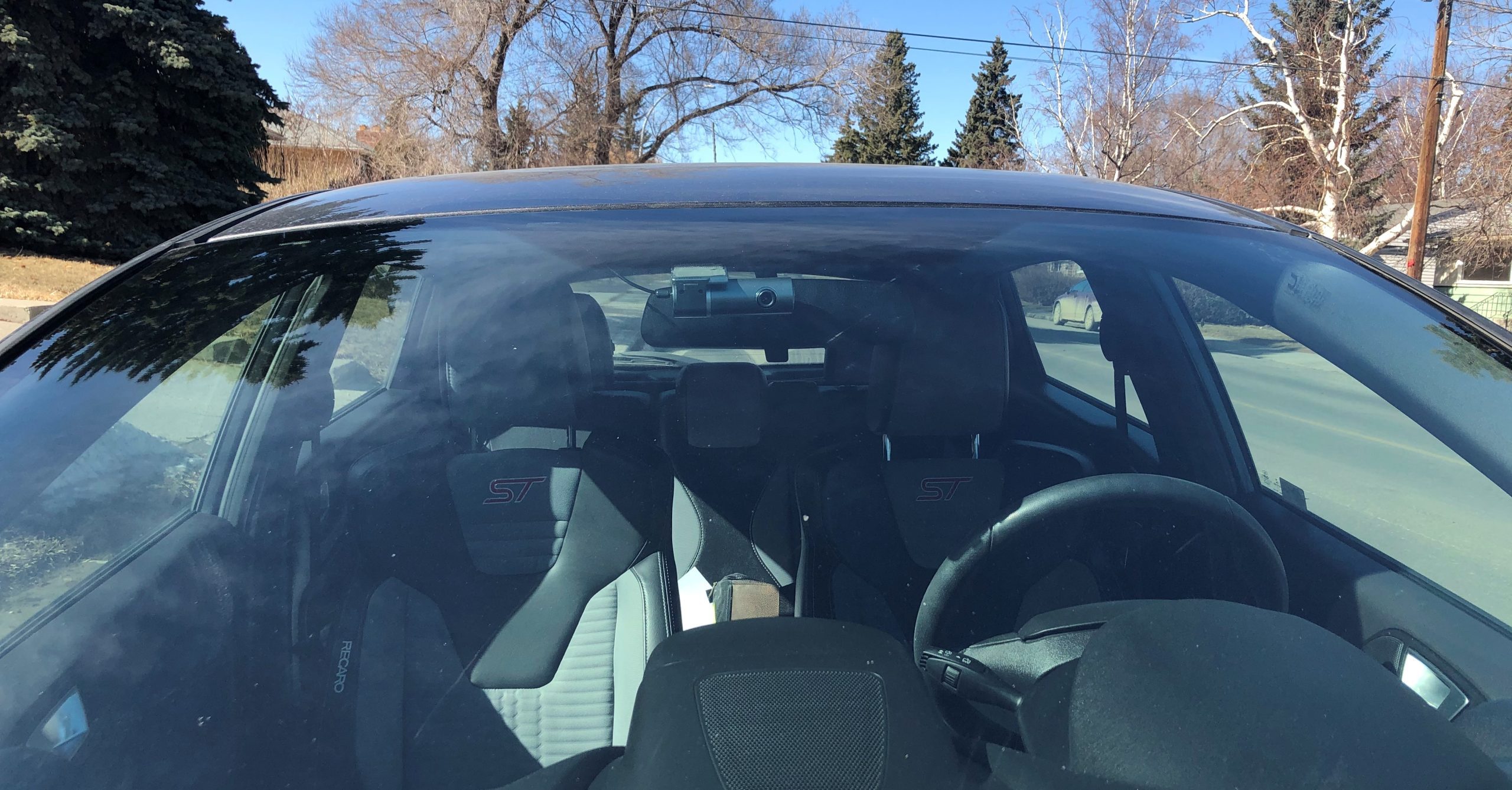 Front view of dashcam mounted on windshield