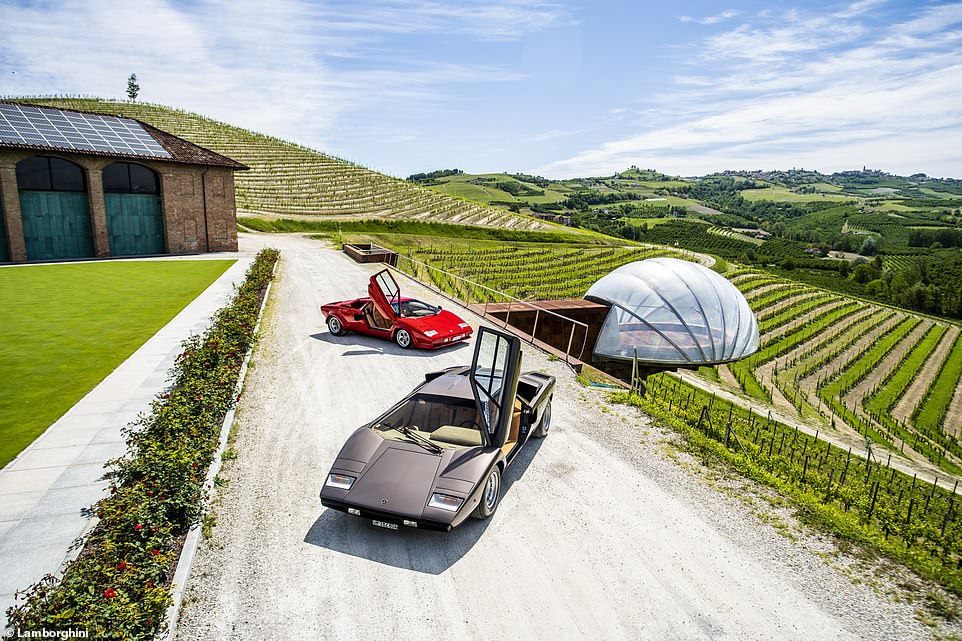 a view of two Lamborghini Countach in the driveway of a very well-off Italian house, complete with bubble-ivied bedroom. Lol.