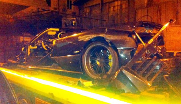 Crashed Pagani Zonda on flatbed truck