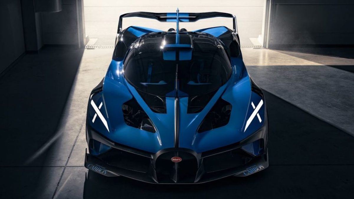 A view of a blue Bugatti supercar