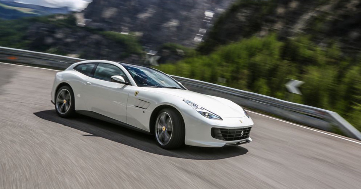 2022 white Ferrari GTC4 Lusso on a curvy road