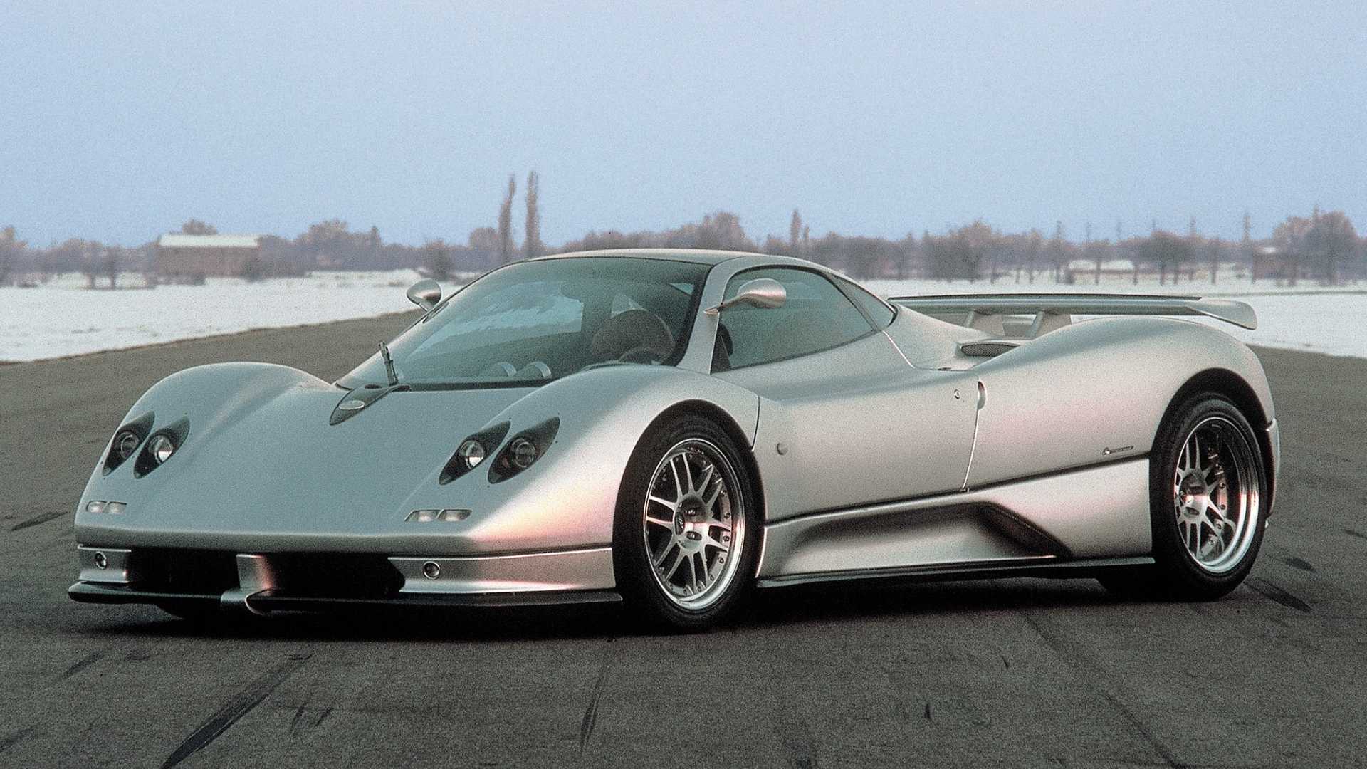 Silver Pagani Zonda parked on country road in winter