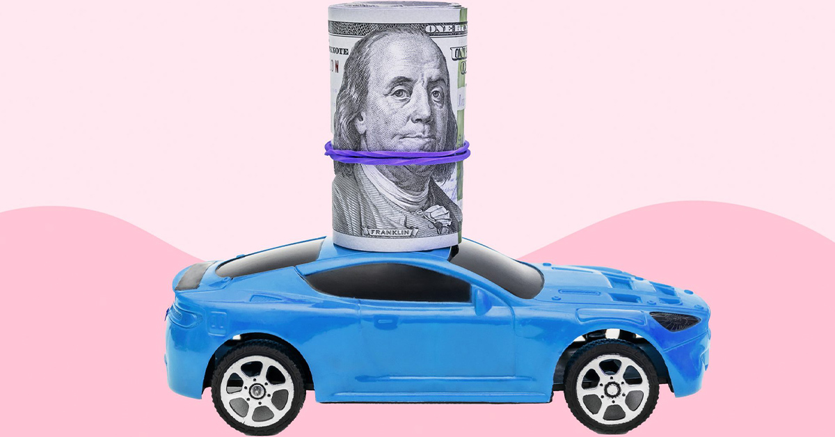Toy car with a roll of dollar bills on top