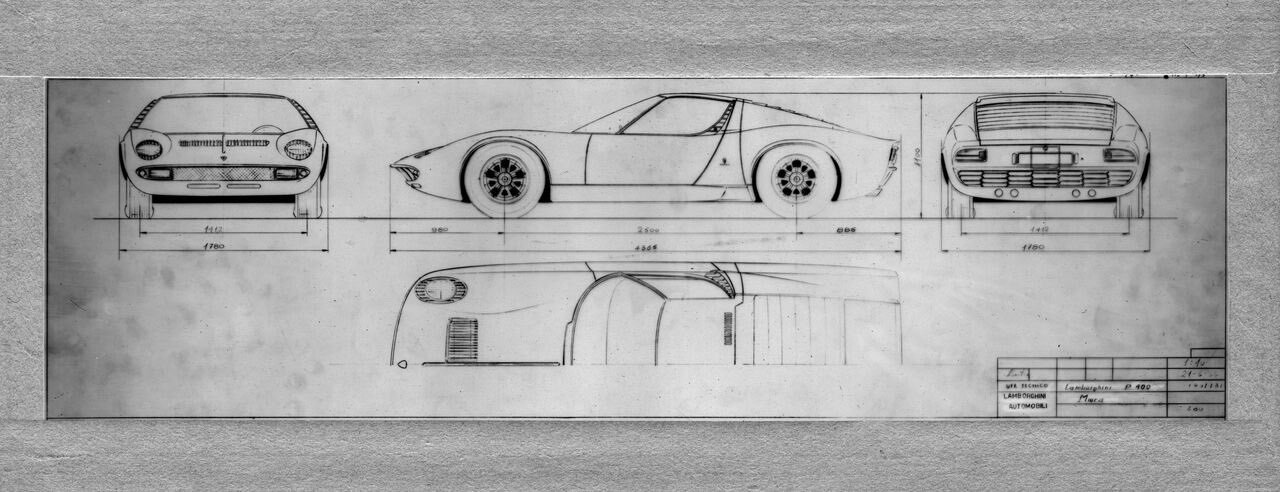 Finalized drawings of Lamborghini Miura by Marcello Gandini