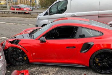 Wrecked red Porsche 911 GT2