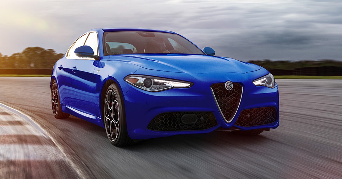 Blue Alfa Romeo Giulia Veloce on a racetrack