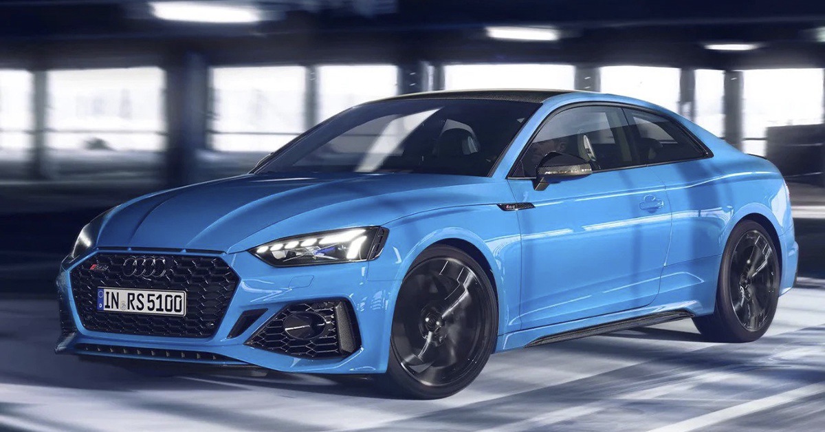 2022 Blue Audi RS5 Coupe in empty parking lot