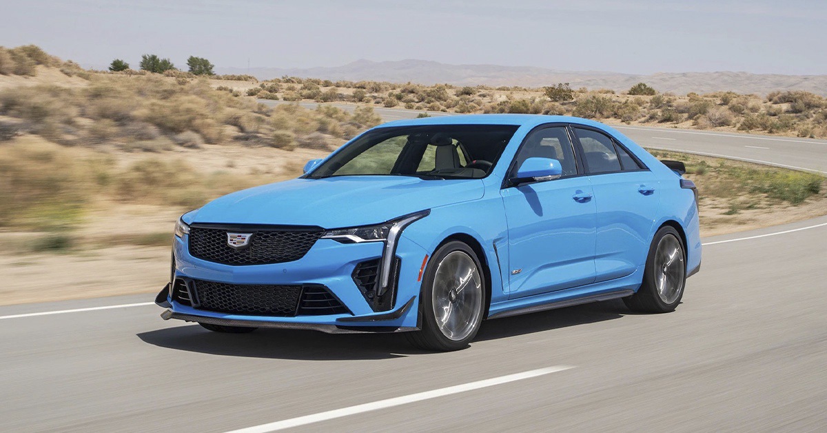 Blue Cadillac CT4-V Blackwing on a desert road