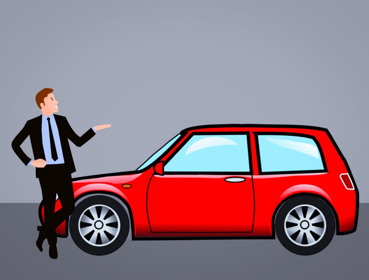 Cartoon of man next to red car