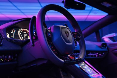 Closeup of Lambo steering wheel