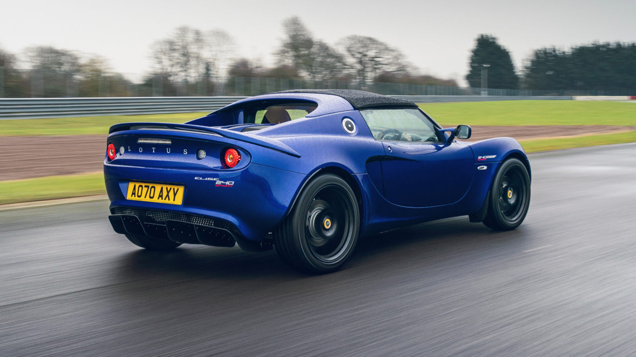 Rear-angled view of a blue Lotus Elise Sport 240 Final Edition