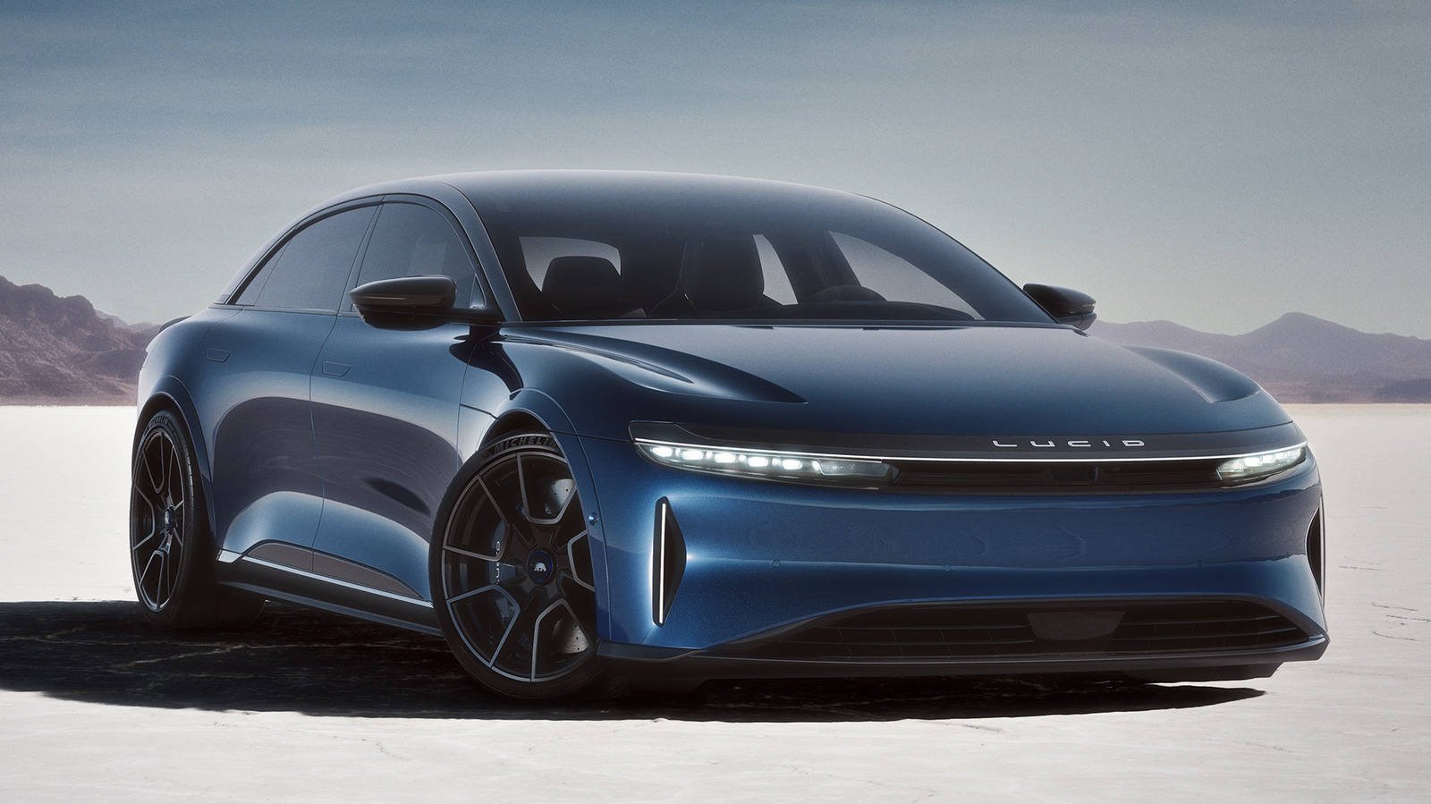Front angled image of a blue Lucid Air Sapphire