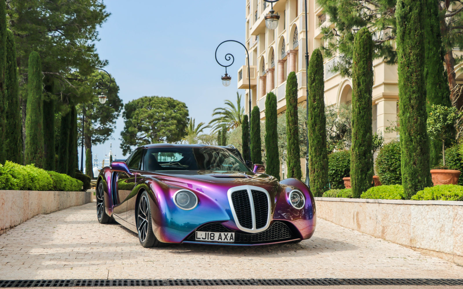 Front angled shot of a purple Eadon Green Zeclat at the Concours of Elegance, Monaco