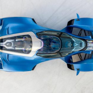 Aerial view of a blue Delage D12 supercar