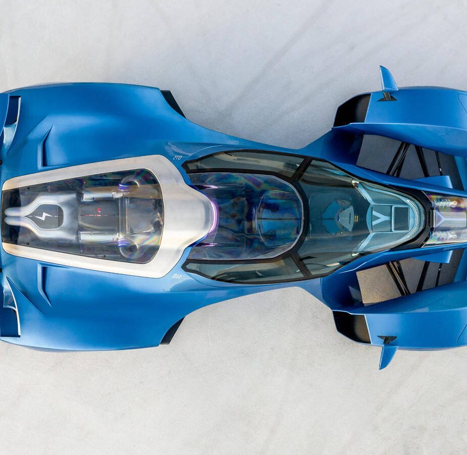 Aerial view of a blue Delage D12 supercar
