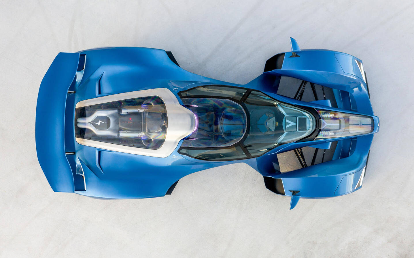 Aerial view of a blue Delage D12 supercar