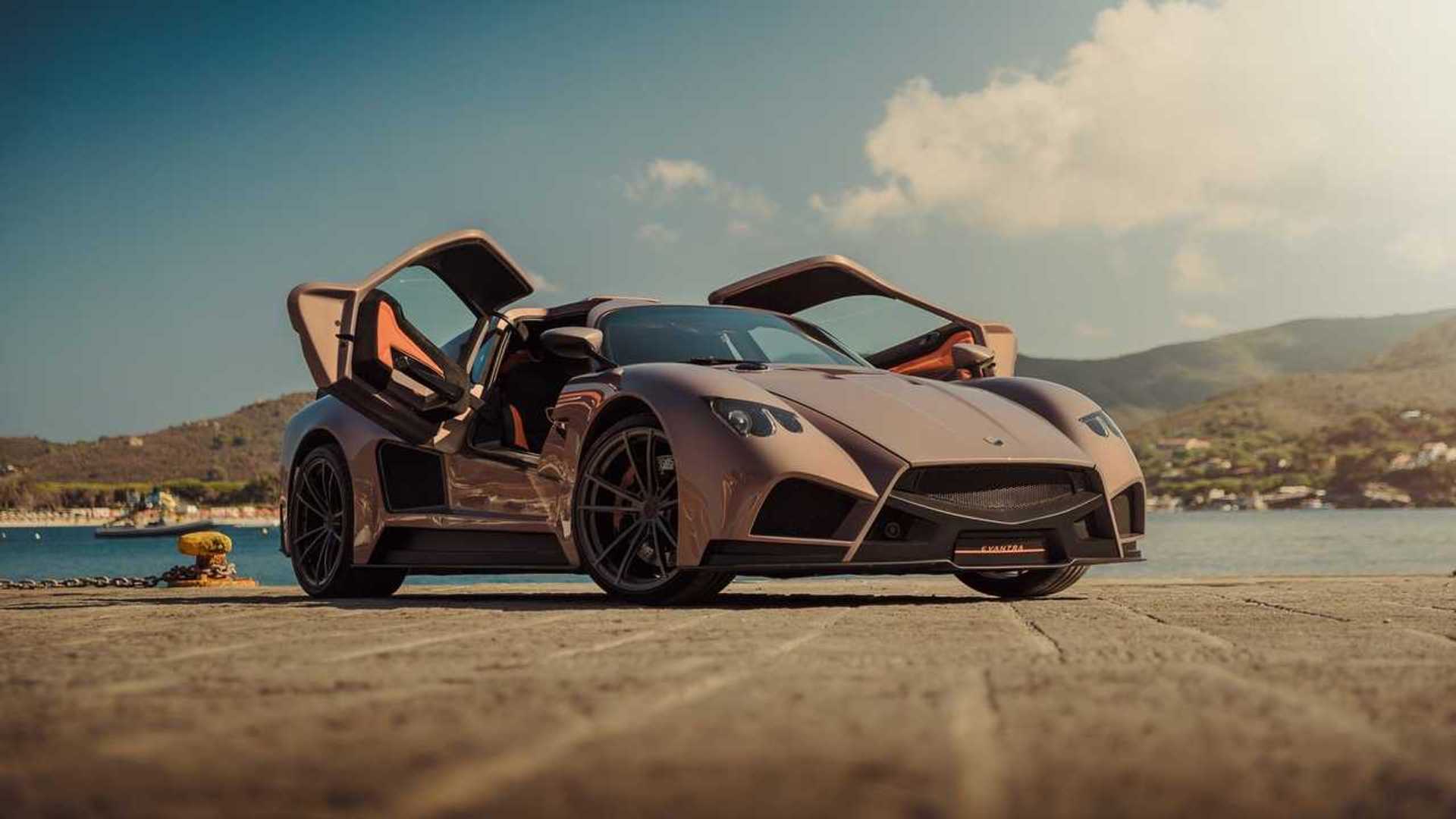 Front-angled image of a bronze-coloured Mazzanti Evantra Pura with its unique rear-hinged upward-opening doors.