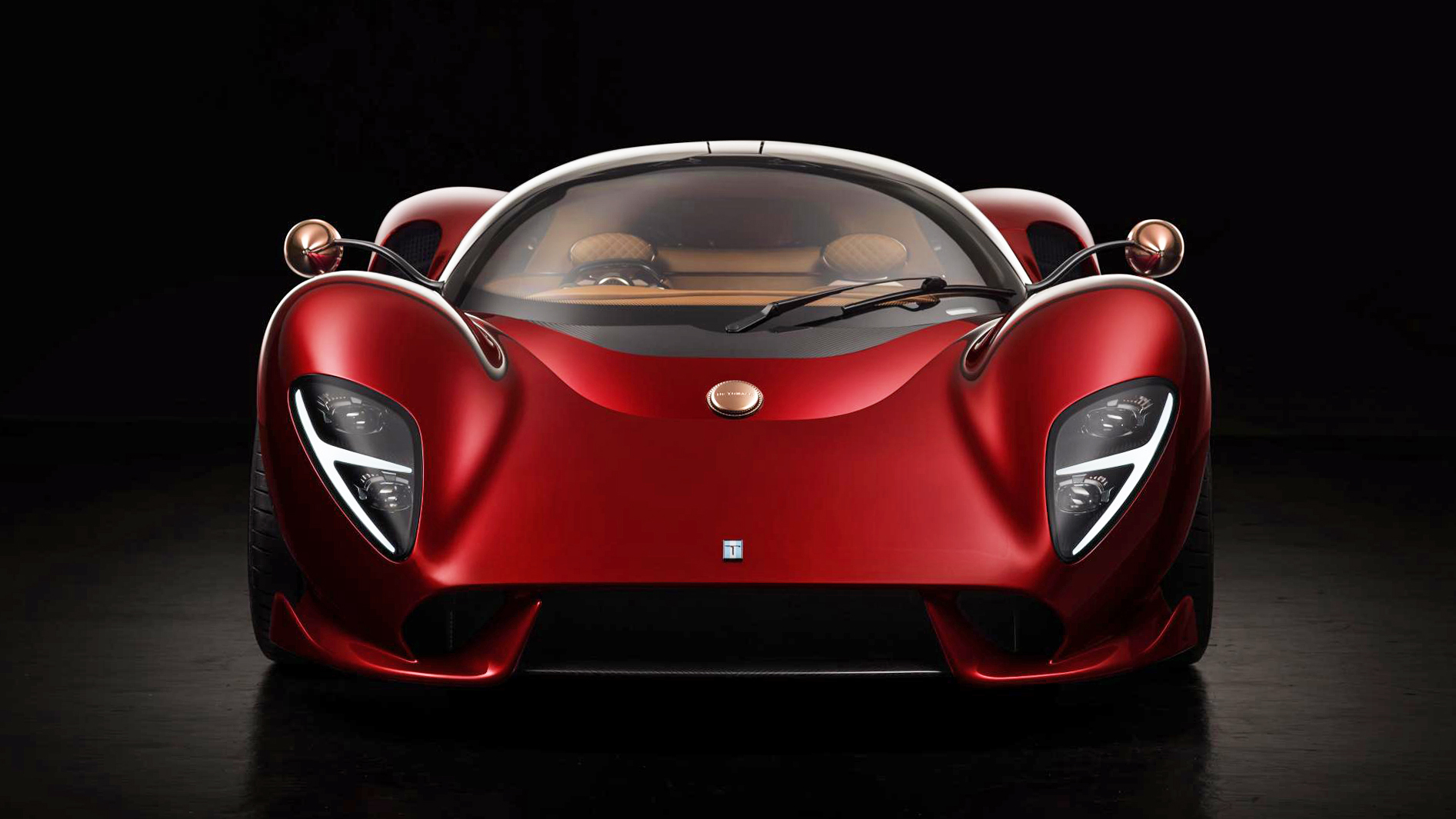 Full frontal image of a red De Tomaso P72 hypercar
