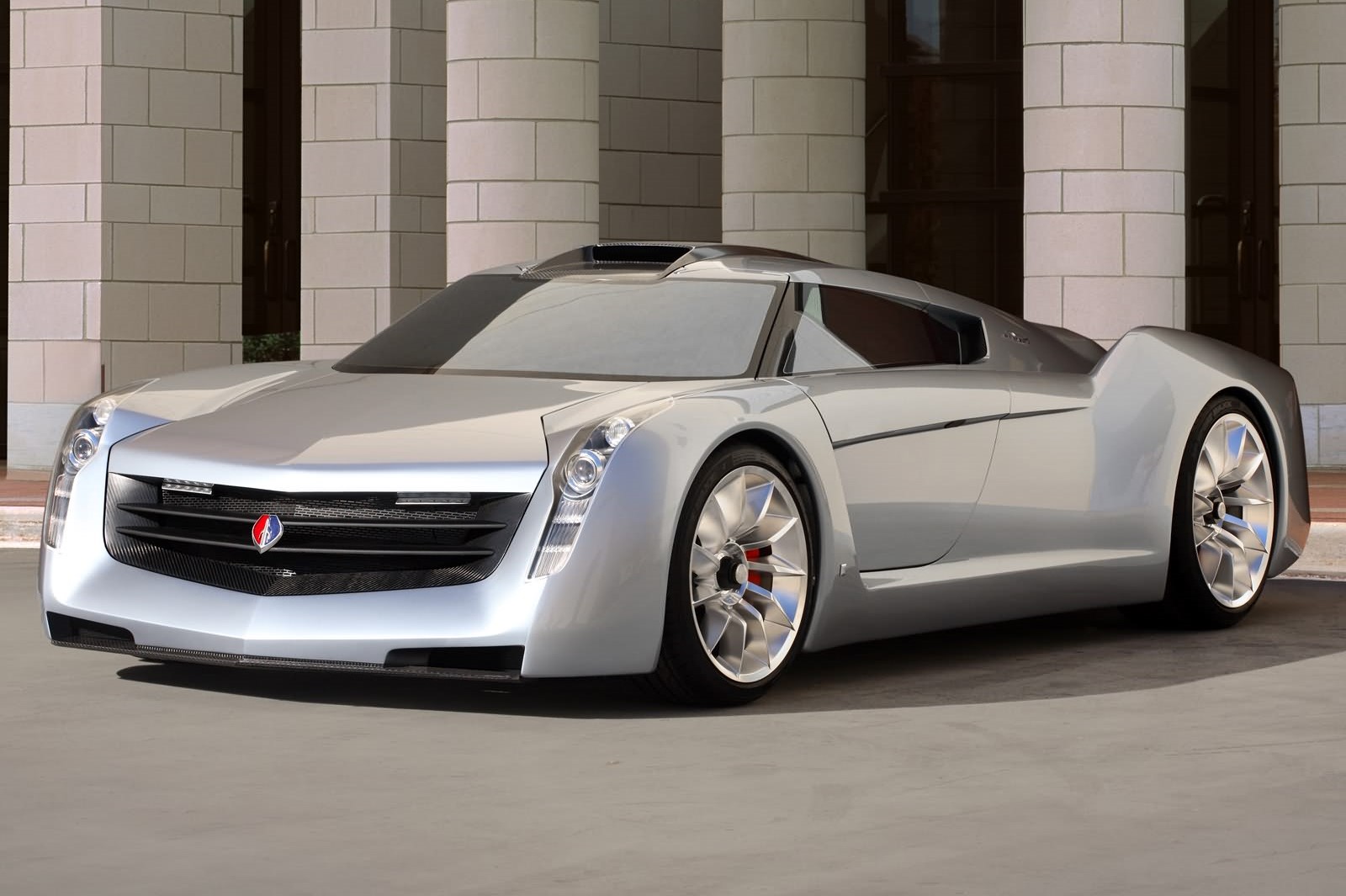 Front-angled shot of the silver GM Ecojet concept supercar.
