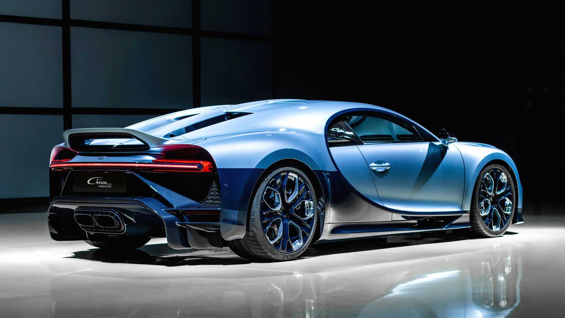 Rear-angled image of the one-off Chiron Profilée showing the unique 'duck-tail' spoiler design.