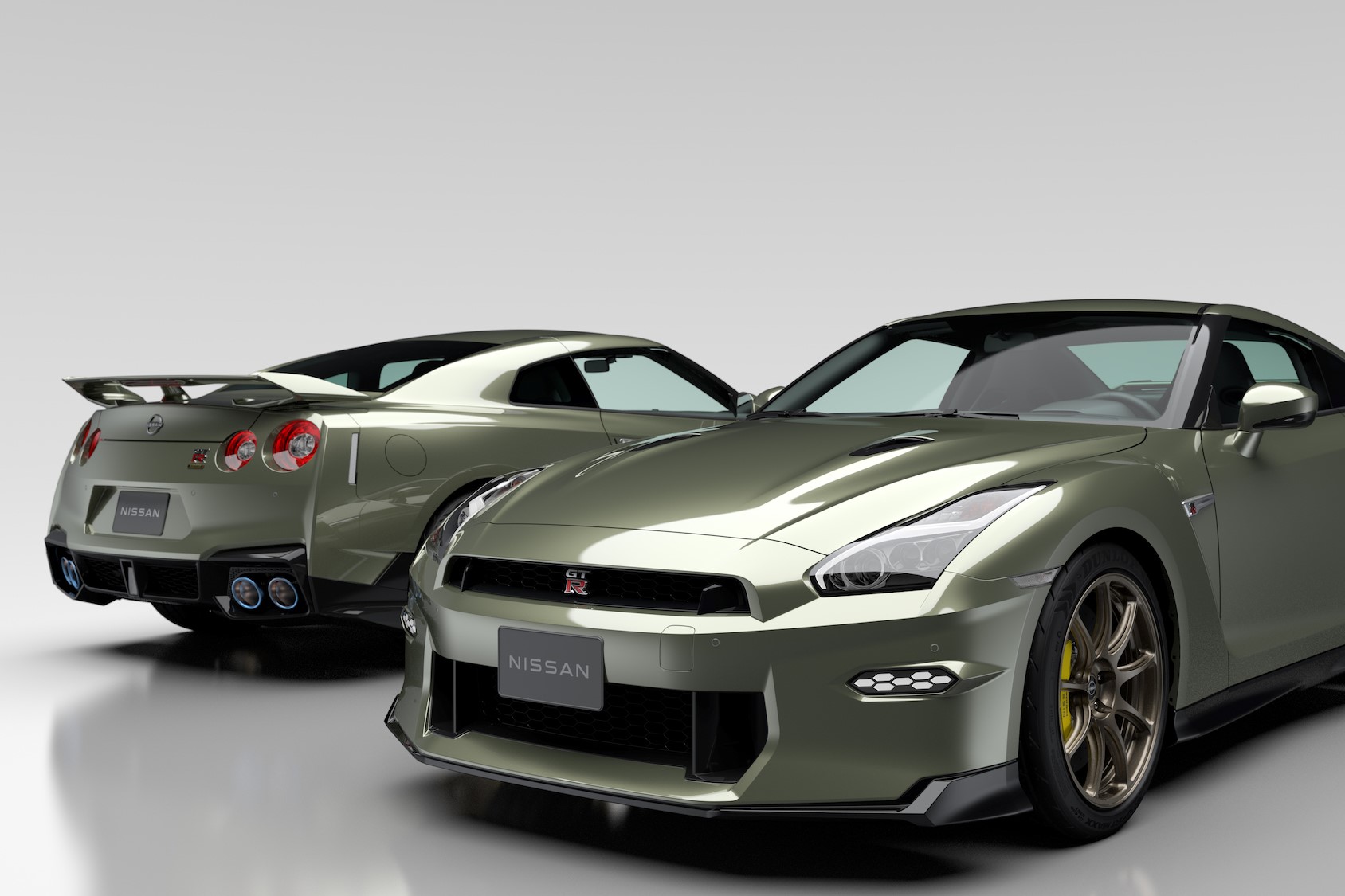 Image showing the front end and back end of two 2024 Nissan GT-R models.