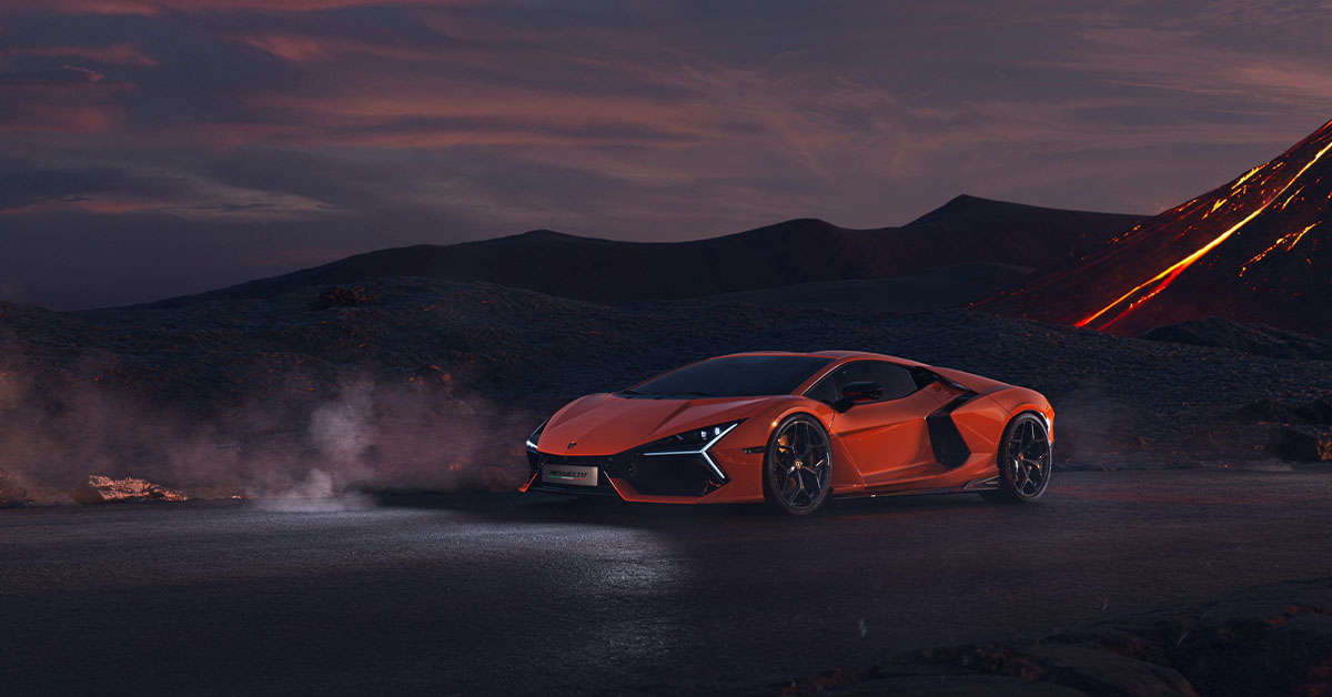 2023 Lamborghini Revuelto with active volcano background