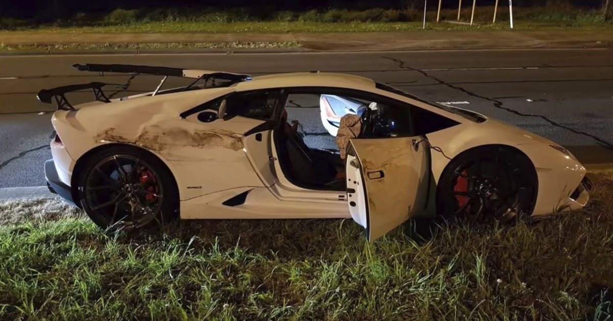 wrecked white Lamborghini Huracan