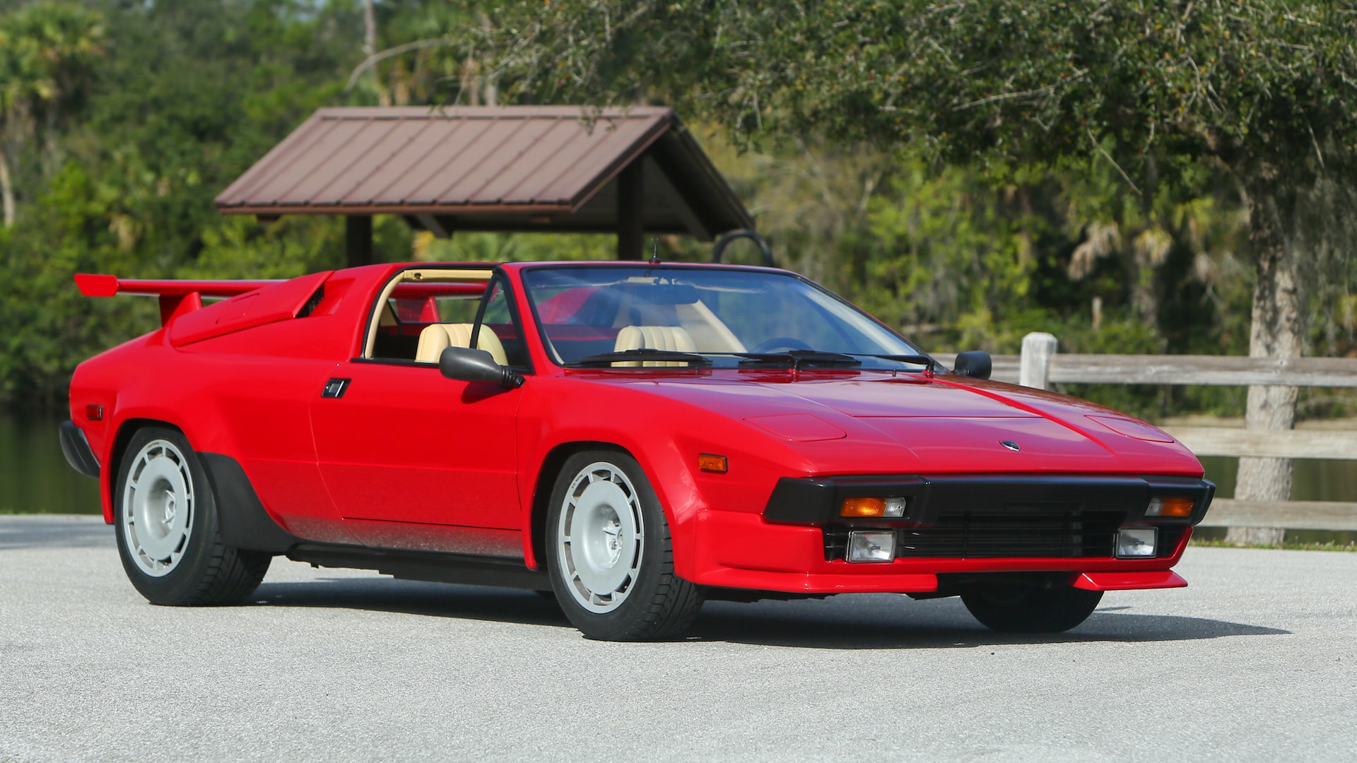 Front-angled view of a red Lamborghini Jalpa