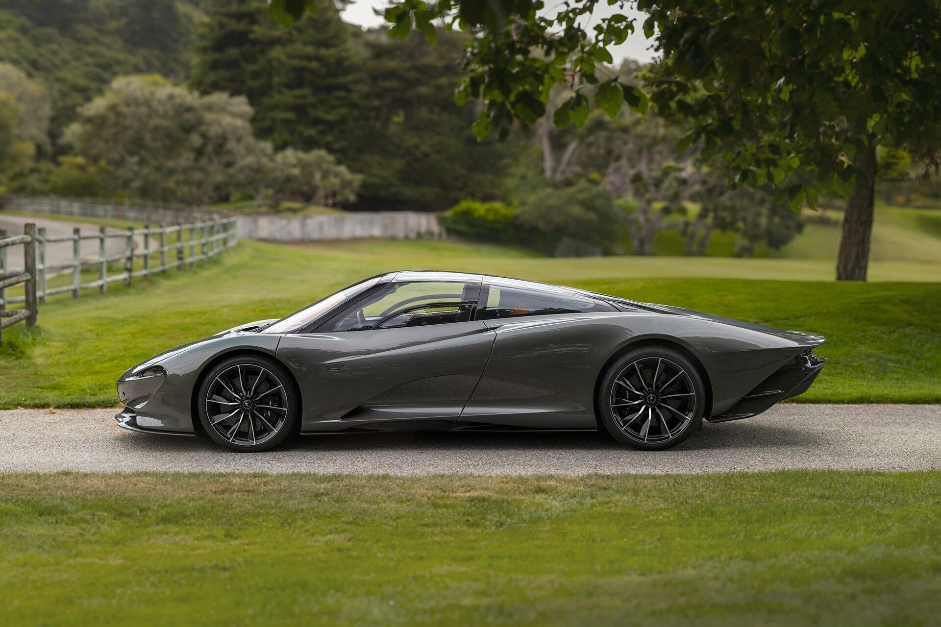 Side profile of a 2020 Grey McLaren Speedtail.