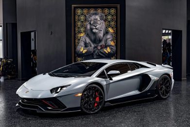 front-angled-view of a grey 2022 Lamborghini Aventador LP780-4 Ultimae