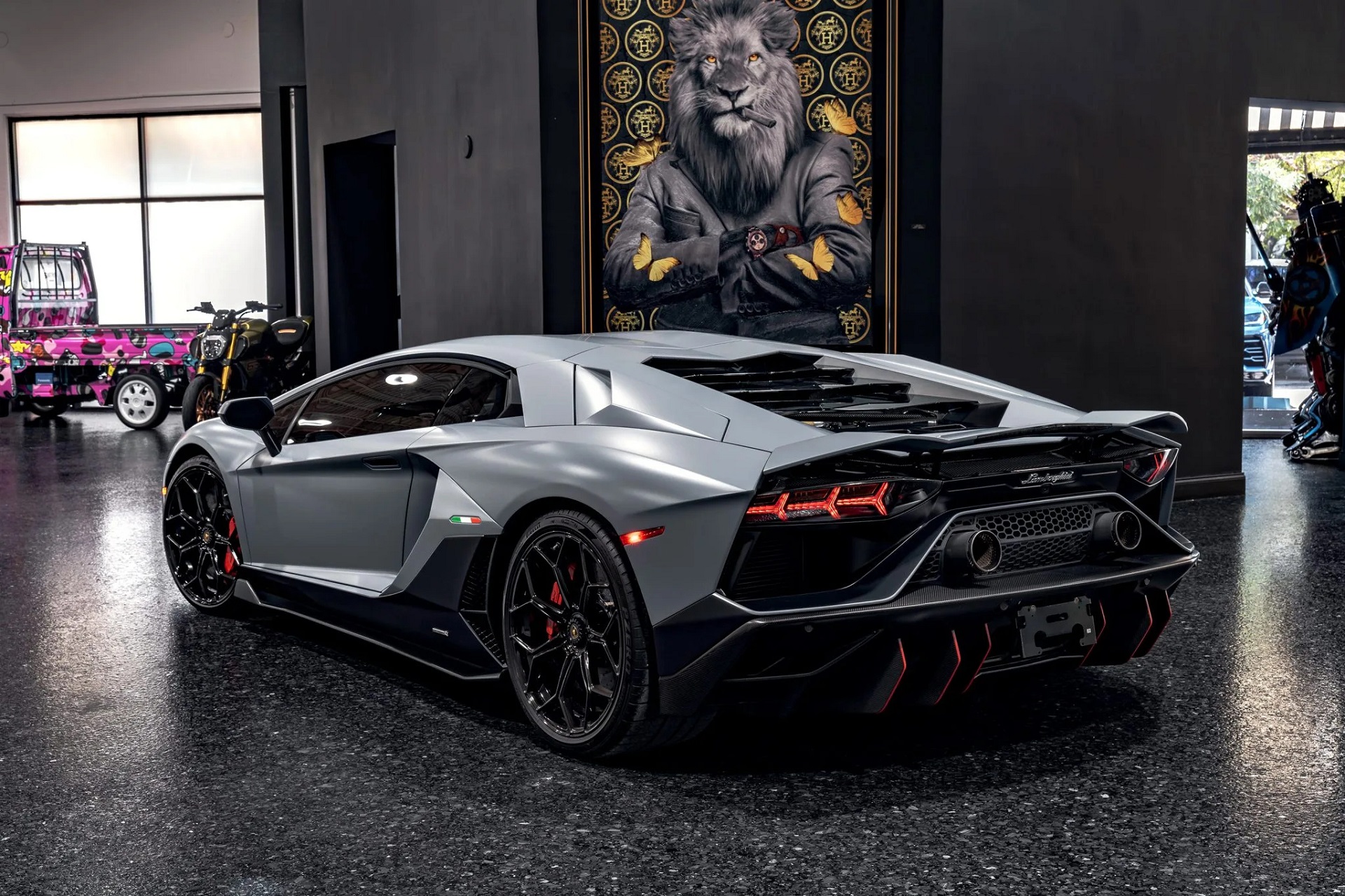 rear-angled-view of a grey 2022 Lamborghini Aventador LP780-4 Ultimae