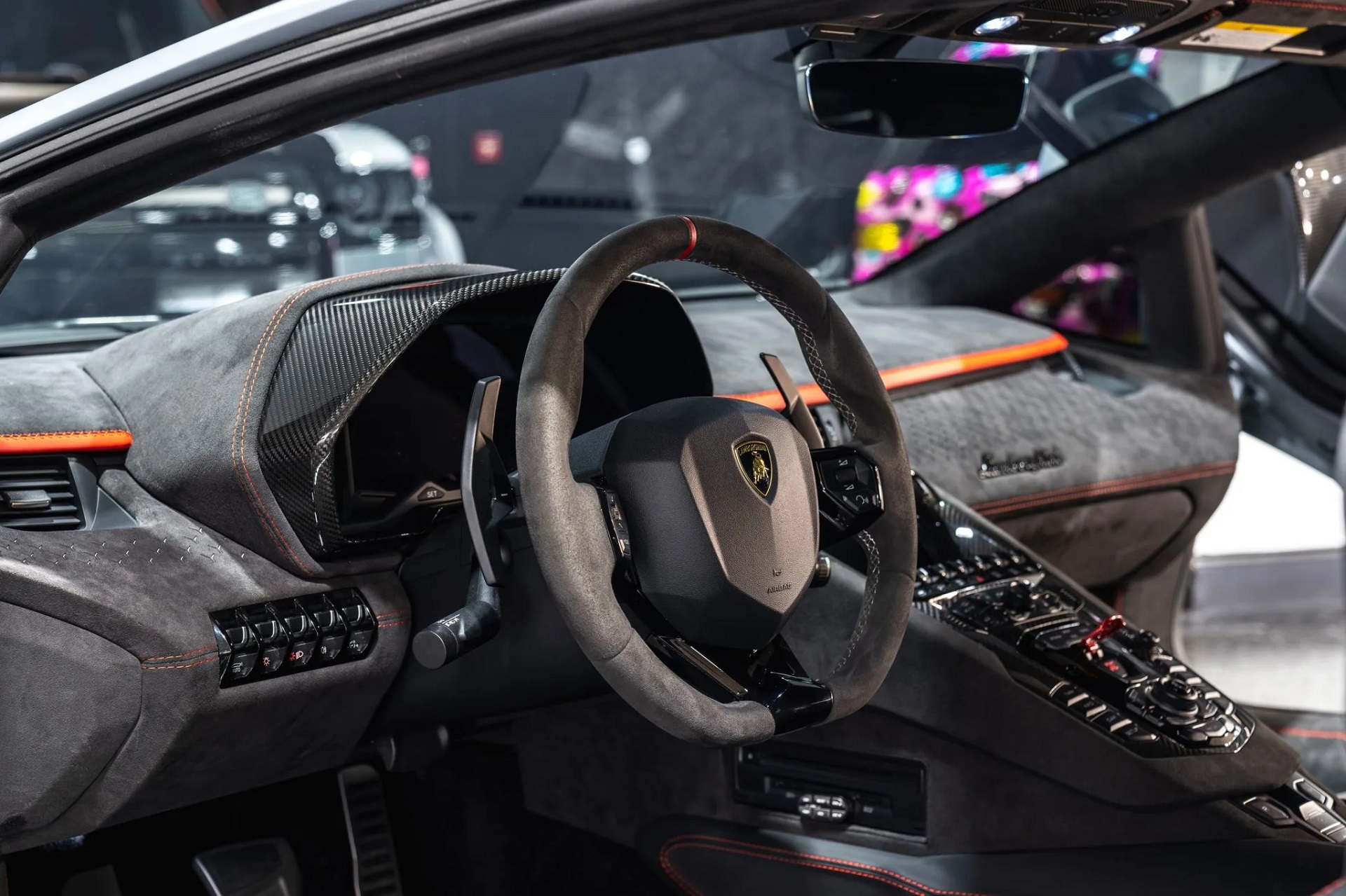 interior of a grey 2022 Lamborghini Aventador LP780-4 Ultimae