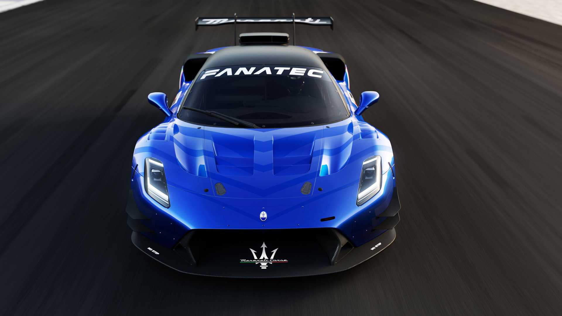 Frontal view of a blue Maserati GT2 race car.