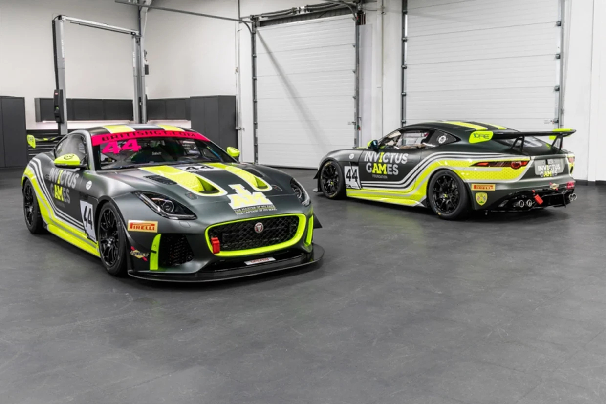 Image showing a pair of Jaguar F-Type GT4 race cars in racing livery.