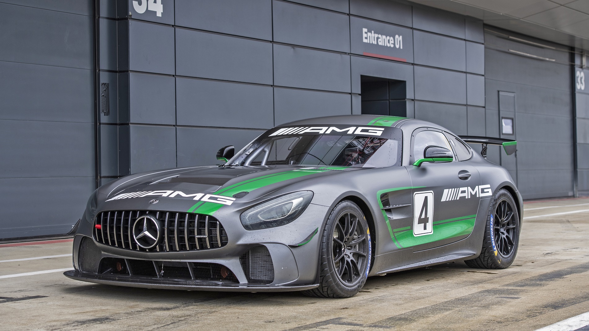 Front-angled view of a grey Mercedes-AMG GT4 race car