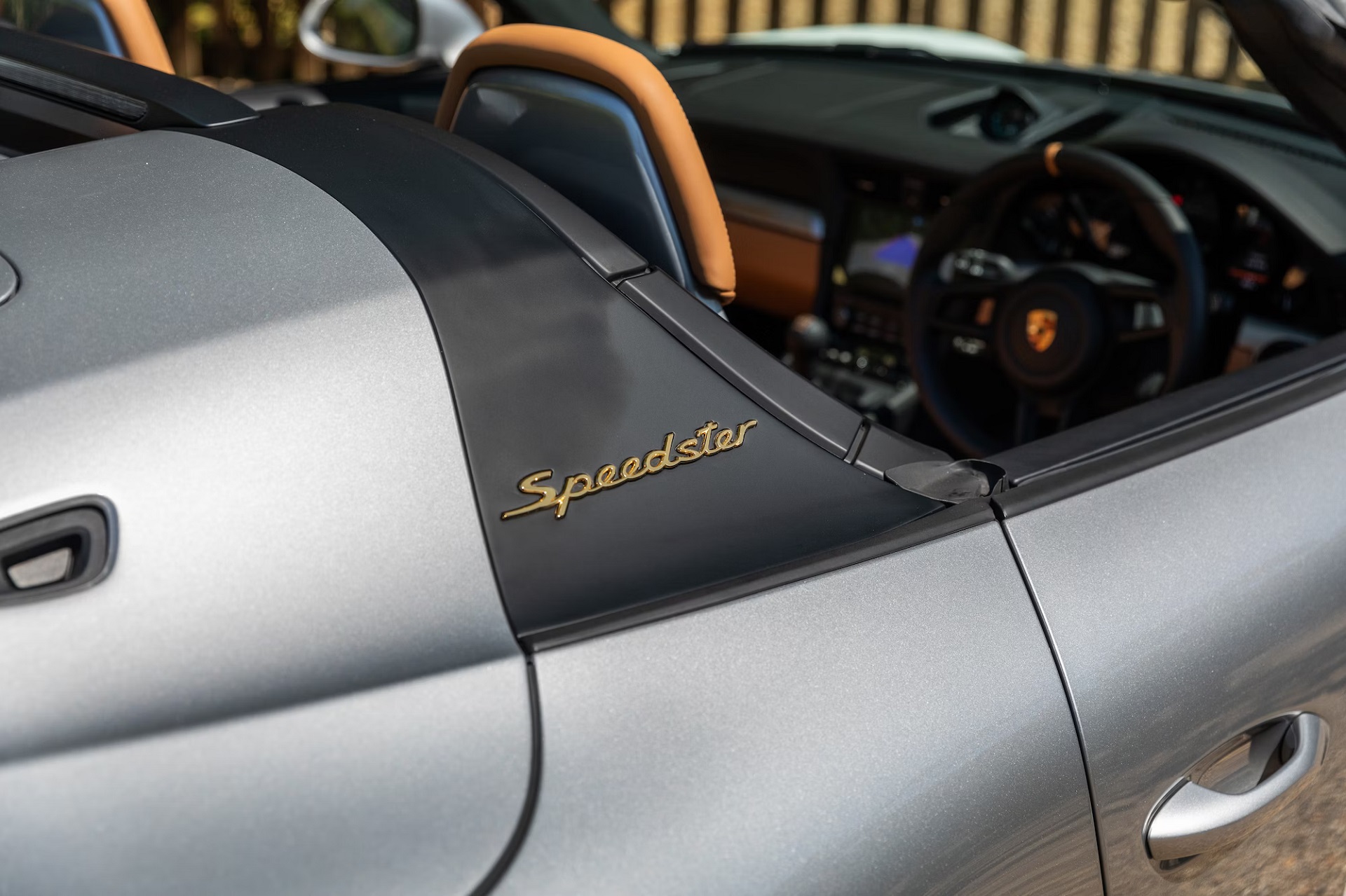 Gold-plated 'Speedster' badging of a 2019 Porsche 911 Speedster with Heritage Design Package