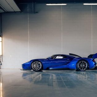Side profile of a blue 2020 Ford GT MK II track-only supercar